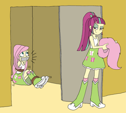 Size: 1503x1349 | Tagged: safe, artist:bugssonicx, fluttershy, sour sweet, equestria girls, arm behind back, blouse, bondage, boots, bound and gagged, captured, clothes, damsel in distress, disguise, door, evil smirk, gag, impostor, kidnapped, looking at each other, scared, shoes, skirt, smiling, struggling, tape, tape gag, teary eyes, tied up, wig