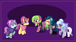 Size: 7000x3891 | Tagged: safe, artist:n0kkun, indigo zap, lemon zest, sour sweet, sugarcoat, sunny flare, bat pony, earth pony, pegasus, pony, unicorn, boots, choker, clothes, commission, disguise, disguised changeling, ear piercing, earring, equestria girls ponified, eyebrow piercing, eyeshadow, female, glasses, headband, headphones, hoodie, jacket, jewelry, jumpsuit, leather jacket, lip piercing, makeup, mare, nose piercing, piercing, ponified, purple background, shadow five, shoes, simple background, skirt, socks, spiked choker, spiked wristband, stockings, striped socks, sunny flare's wrist devices, sweater, tattoo, thigh highs, torn clothes, wristband