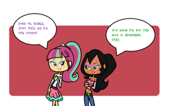 Size: 762x472 | Tagged: safe, artist:obeliskgirljohanny, sour sweet, oc, oc:scarla, human, equestria girls, humanized, looking at each other