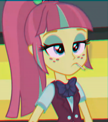 Size: 609x687 | Tagged: safe, edit, edited screencap, screencap, sour sweet, equestria girls, bloodshot eyes, cigarette, drugs, high, joint, marijuana, meh, pink eyes, smoking, vaporwave