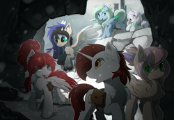 Size: 1280x887 | Tagged: safe, artist:hioshiru, derpibooru import, oc, oc only, oc:amaranthine sky, oc:reverie, oc:snowy do, oc:sweet skies, pegasus, pony, unicorn, chromatic aberration, commission, skyrim, snow, the elder scrolls, ych result