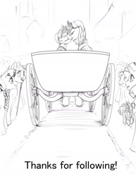 Size: 1280x1656 | Tagged: safe, artist:silfoe, derpibooru import, princess luna, rarity, twilight sparkle, twilight sparkle (alicorn), oc, oc:honey hominy, oc:pristine codex, alicorn, pony, unicorn, blind, carriage, female, grayscale, kissing, lesbian, monochrome, royal sketchbook, shipping, twiluna, walking stick