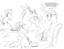 Size: 1280x989 | Tagged: safe, artist:silfoe, derpibooru import, big macintosh, discord, princess celestia, spike, alicorn, dragon, pony, cake, cakelestia, dungeons and dragons, female, food, grayscale, lineart, male, mare, monochrome, ogres and oubliettes, royal sketchbook