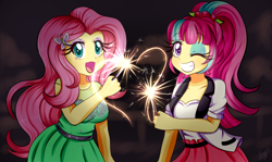 Size: 1380x820 | Tagged: safe, artist:lucy-tan, fluttershy, sour sweet, equestria girls, anime, breasts, cleavage, clothes, cute, dress, duo, fireworks, grin, looking at you, one eye closed, open mouth, ponytail, shyabetes, smiling, sourbetes, sparkler (firework), wink