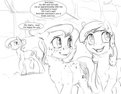 Size: 1280x989 | Tagged: safe, artist:silfoe, derpibooru import, princess celestia, princess luna, oc, alicorn, earth pony, pony, dialogue, female, freckles, grayscale, lesbian, monochrome, royal sketchbook, sketch, trio, younger