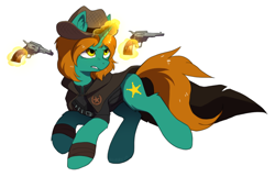 Size: 1980x1276 | Tagged: safe, artist:hioshiru, derpibooru import, oc, oc only, oc:dust runner, pony, unicorn, fallout equestria, clothes, fallout, female, gun, hat, levitation, magic, mare, solo, telekinesis, weapon