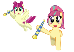 Size: 1008x710 | Tagged: safe, artist:fskindness, majorette, sour sweet, pony, equestria girls, baton, cheerleader, equestria girls ponified, female, flying, freckles, ponified, sisters, smiling at you, sweetly and sourly, twin sisters