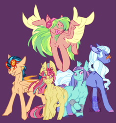 Size: 981x1034 | Tagged: safe, artist:eqq_scremble, derpibooru exclusive, indigo zap, lemon zest, sour sweet, sugarcoat, sunny flare, bat pony, donkey, earth pony, pegasus, pony, unicorn, aviator goggles, body freckles, cloven hooves, colored hooves, devil horn (gesture), equestria girls ponified, freckles, glasses, headcanon, headphones, leonine tail, pigtails, ponified, ponytail, shadow five, simple background, slit eyes, smiling, smirk, sunny flare's wrist devices, tongue out, wing hands, wingless, wingless bat pony, wings