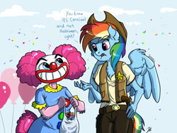 Size: 2000x1500 | Tagged: safe, artist:shimazun, derpibooru import, pinkie pie, rainbow dash, anthro, carnival, clothes, clown, costume, gun, high octane nightmare fuel, it, mask, nightmare fuel, pennywise, question mark, sheriff, stephen king, stephen king's it, weapon