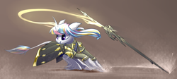 Size: 3840x1714 | Tagged: safe, artist:underpable, derpibooru import, oc, oc only, oc:lorelei, classical unicorn, pony, unicorn, :t, armor, clothes, cloven hooves, commission, leonine tail, magic, solo, sword, unshorn fetlocks