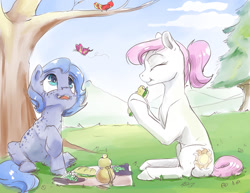 Size: 1280x989 | Tagged: safe, artist:silfoe, derpibooru import, princess celestia, princess luna, bird, butterfly, earth pony, pony, :t, cewestia, cute, cutelestia, duo, earth pony celestia, earth pony luna, eating, eyes closed, eyes on the prize, female, filly, food, freckles, grapes, grass, hoof hold, looking up, lunabetes, mare, outdoors, picnic, pink-mane celestia, ponytail, race swap, raised hoof, royal sketchbook, sandwich, scenery, sitting, tree, underhoof, woona, younger