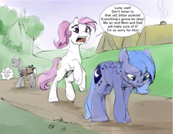 Size: 3300x2550 | Tagged: safe, artist:silfoe, derpibooru import, princess celestia, princess luna, oc, alicorn, earth pony, pony, colored sketch, crying, dialogue, faggot (bundle of sticks), female, male, mare, pink-mane celestia, royal sisters, royal sketchbook, s1 luna, sad, speech bubble, stallion, thought bubble, vulgar, younger