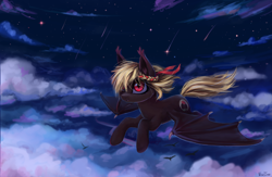 Size: 2564x1670 | Tagged: safe, artist:inowiseei, derpibooru import, oc, oc only, oc:enotera, bat pony, pony, art trade, cloud, fangs, female, flying, mare, night, night sky, smiling, solo, stars