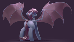 Size: 3840x2160 | Tagged: safe, artist:underpable, derpibooru import, oc, oc only, oc:ventress, bat pony, pony, commission, large wings, looking at you, looking back, plot, solo, spread wings, wings