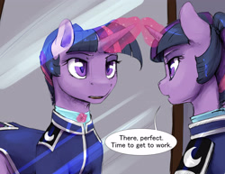 Size: 3300x2550 | Tagged: safe, artist:silfoe, derpibooru import, twilight sparkle, unicorn twilight, pony, unicorn, alternate universe, clothes, dialogue, epaulettes, female, glowing horn, mare, mirror, moonsetmlp, night maid twilight, reflection, solo, speech bubble, uniform