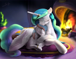 Size: 6600x5100 | Tagged: safe, artist:silfoe, derpibooru import, princess celestia, oc, alicorn, pony, absurd resolution, canon x oc, crying, female, fireplace, goodbye, immortality blues, kissing, male, missing accessory, old, prone, ring, sad, snuggling, stallion, straight, wedding ring