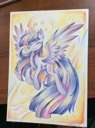 Size: 1936x2592 | Tagged: safe, artist:hioshiru, derpibooru import, twilight sparkle, twilight sparkle (alicorn), alicorn, pony, colored pencil drawing, eyes closed, flying, photo, smiling, solo, traditional art