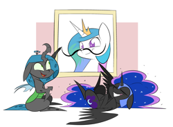 Size: 3541x2585 | Tagged: safe, artist:underpable, derpibooru import, nightmare moon, princess celestia, queen chrysalis, alicorn, changeling, changeling queen, nymph, pony, bust, chibi, crown, cute, cutealis, cutelestia, duo, duo female, eyes closed, facial hair, female, helmet, i can't believe it's not fluttershythekind, jewelry, laughing, marker, moonabetes, moustache, portrait, pure unfiltered evil, regalia, simple background, smiling, style emulation, vandalism, wall, white background, you monster