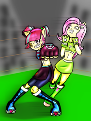 Size: 600x800 | Tagged: safe, artist:rockzerox, fluttershy, sour sweet, equestria girls, friendship games, spoiler:the accompanied, belly button, clothes, exeron fighters, exeron gloves, midriff, sports bra