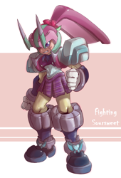 Size: 850x1248 | Tagged: safe, artist:thegreatrouge, sour sweet, equestria girls, friendship games, armor, bowtie, capcom, clothes, crossover, crystal prep academy, crystal prep shadowbolts, fighting fefnir, fist, freckles, megaman, megaman zero, pleated skirt, skirt, solo