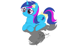 Size: 2302x1794 | Tagged: safe, artist:rainbowderpy, derpibooru import, oc, oc only, pony, unicorn, bow, glasses, hair bow, prone, smiling, solo, tail bow