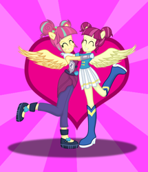 Size: 1024x1193 | Tagged: safe, artist:deannaphantom13, majorette, sour sweet, equestria girls, friendship games, background human, boots, headcanon, heart, long lost sisters, love, ponied up, reunited, shoes, similarities, sisters, sweetly and sourly, twin sisters, winged humanization