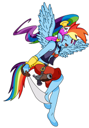 Size: 942x1350 | Tagged: safe, artist:linedraweer, derpibooru import, rainbow dash, anthro, unguligrade anthro, belly button, belly dancer, diagram, fusion, genie, gun, long hair, midriff, pirate, shantae, shantae (character), shantae and the pirates curse, simple background, solo, sword, transparent background, weapon, wings