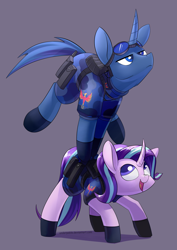 Size: 2480x3507 | Tagged: safe, artist:underpable, derpibooru import, starlight glimmer, oc, oc:flint, pony, unicorn, clothes, commission, curved horn, cute, duo, female, glimmerbetes, male, mare, serious, serious face, simple background, smiling, stallion