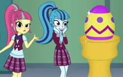 Size: 1120x700 | Tagged: safe, artist:bootsyslickmane, sonata dusk, sour sweet, fanfic:the shadowbolts adventures, equestria girls, friendship games, alternate costumes, clothes, confused, crystal prep academy, crystal prep academy uniform, crystal prep shadowbolts, easter, easter egg, egg, excited, fanfic, fanfic art, irrational exuberance, looking at you, ponytail, school uniform, skirt, smiling, wat