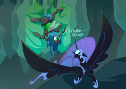 Size: 4960x3507 | Tagged: safe, artist:underpable, derpibooru import, nightmare moon, queen chrysalis, alicorn, changeling, changeling queen, nymph, pony, absurd resolution, bugbutt, changeling hive, cocoon, cthulhu mythos, cthulu fh'tagn, cute, cutealis, dialogue, duo, duo female, female, flying, helmet, looking at each other, moonabetes, queen twistalis, spread wings, style emulation, surprised, wings, younger