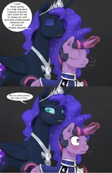 Size: 1280x1980 | Tagged: safe, artist:silfoe, derpibooru import, nightmare moon, twilight sparkle, unicorn twilight, alicorn, pony, unicorn, alternate timeline, blushing, clothes, eyes closed, eyes on the prize, female, gradient background, gray background, lesbian, magic, mare, moonsetmlp, scrunchy face, shipping, simple background, telekinesis, twimoon, uniform