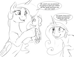 Size: 1280x989 | Tagged: safe, artist:silfoe, derpibooru import, princess cadance, princess celestia, princess flurry heart, alicorn, pony, auntlestia, dialogue, female, grayscale, mare, monochrome, royal sketchbook, sketch, speech bubble