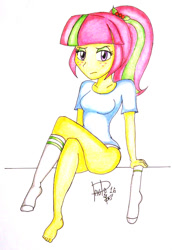 Size: 586x850 | Tagged: safe, artist:suicidemachine363, sour sweet, equestria girls, friendship games, ass, barefoot, butt, clothes, feet, legs, looking at you, panties, ponytail, socks, solo, sour seat, underwear