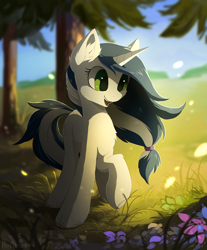 Size: 1062x1280 | Tagged: safe, artist:hioshiru, derpibooru import, oc, oc only, oc:muffinkarton, pony, unicorn, chromatic aberration, female, flower, happy, mare, open mouth, raised hoof, smiling, solo, sun, tree