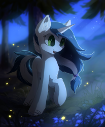 Size: 1062x1280 | Tagged: safe, artist:hioshiru, derpibooru import, oc, oc only, oc:muffinkarton, pony, unicorn, chromatic aberration, female, flower, happy, mare, night, open mouth, raised hoof, smiling, solo, tree