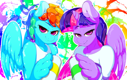 Size: 1280x806 | Tagged: safe, artist:theobrobine, derpibooru import, rainbow dash, twilight sparkle, twilight sparkle (alicorn), alicorn, anthro, bedroom eyes, clothes, cute, looking at you, spray can, spray paint