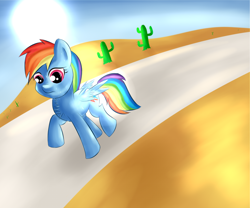 Size: 1200x1000 | Tagged: safe, artist:brok-enwings, derpibooru import, rainbow dash, pegasus, pony, cactus, desert, female, mare, solo, sun