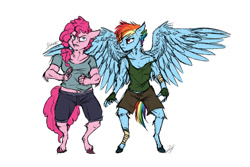 Size: 1024x683 | Tagged: safe, artist:shimazun, derpibooru import, pinkie pie, rainbow dash, anthro, earth pony, pegasus, unguligrade anthro, clothes, colored sketch, duo, female, fluffy, mare, spread wings, tough, wings