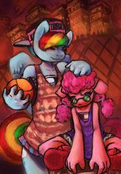 Size: 431x616 | Tagged: safe, artist:bradfordsenial, derpibooru import, pinkie pie, rainbow dash, anthro, basketball