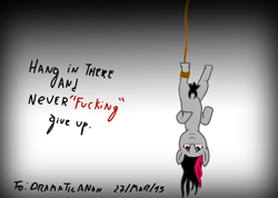 Size: 1569x1116 | Tagged: safe, artist:dramatic anon, artist:lazerblues, derpibooru import, oc, oc only, oc:miss eri, earth pony, pony, emo, female, hang in there, hanging, hung upside down, mare, upside down, vulgar