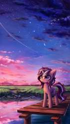 Size: 2000x3556 | Tagged: safe, artist:inowiseei, derpibooru import, oc, oc only, pony, unicorn, cloud, cloudy, commission, cute, ear fluff, female, freckles, grass, looking up, mare, moon, night, ocbetes, outdoors, pier, reflection, scenery, shooting star, signature, sky, smiling, solo, standing, stars, twilight (astronomy), water