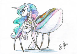 Size: 800x571 | Tagged: safe, artist:silfoe, derpibooru import, princess celestia, monster pony, original species, spiderpony, female, fluffy, looking back, simple background, solo, species swap, spiderlestia, traditional art, underhoof, white background