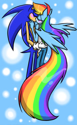 Size: 532x862 | Tagged: safe, artist:hoshinousagi, derpibooru import, rainbow dash, anthro, blushing, cropped, crossover, female, interspecies, kissing, male, shipping, sonic the hedgehog, sonic the hedgehog (series), sonicdash, sonicified, straight