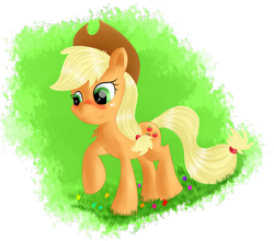 Size: 2379x2089 | Tagged: safe, artist:brok-enwings, derpibooru import, applejack, earth pony, pony, cowboy hat, female, freckles, grass, hat, mare, raised hoof, solo, stetson