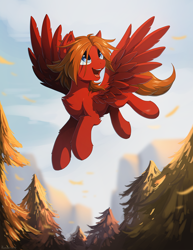 Size: 986x1280 | Tagged: safe, artist:hioshiru, derpibooru import, oc, oc only, oc:mile high, pegasus, pony, flying, male, mountain, sky, solo, stallion, tree, ych result