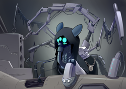 Size: 3507x2480 | Tagged: safe, artist:underpable, derpibooru import, oc, oc only, oc:gear works, cyborg, earth pony, pony, chaos, cloak, clothes, crossover, dark mechanicus, fanfic, fanfic art, glowing eyes, heresy, iron warriors, machinery, mask, robotic arm, solo, techpriest, warhammer (game), warhammer 40k