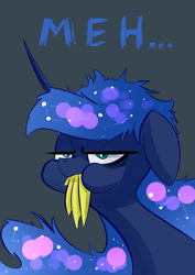 Size: 2480x3507 | Tagged: safe, artist:underpable, derpibooru import, princess luna, alicorn, pony, a royal problem, banana, eating, female, floppy ears, food, looking at you, mare, meh, missing accessory, simple background, solo, tired