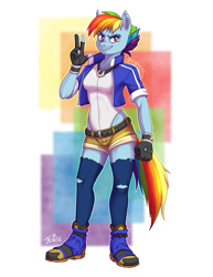 Size: 687x889 | Tagged: safe, artist:blazetbw, derpibooru import, rainbow dash, anthro, plantigrade anthro, clothes, ear piercing, earring, gloves, jacket, jewelry, leotard, piercing, shorts, smiling, smirk, socks, solo, thigh highs