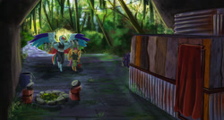 Size: 1600x859 | Tagged: safe, artist:earthsong9405, derpibooru import, rainbow dash, scootaloo, anthro, rabbit, alternate universe, colored wings, fireplace, hung upside down, multicolored wings, rainbow wings, shipping container, traditional art, upside down