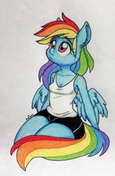 Size: 1283x1952 | Tagged: safe, artist:ameliacostanza, derpibooru import, rainbow dash, anthro, pegasus, clothes, cute, dashabetes, female, shorts, solo, tanktop, traditional art